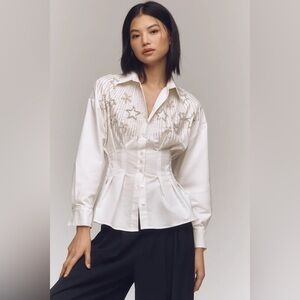 Anthropologie The Tobie Pleated Blouse by Exquise: Long-Sleeve Star Edition 2X